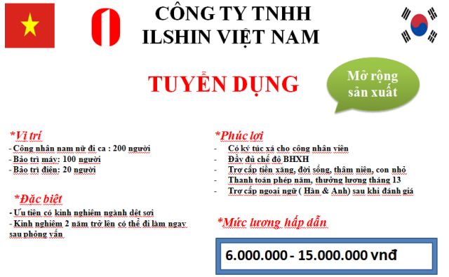 Cty TNHH ILSHIN Việt Nam Tuyển dụng